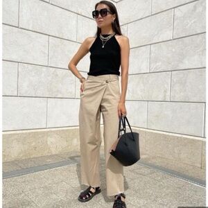 Zara Crossover Waist Beige Wide Leg Pants